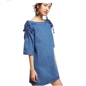 Maeve Anthropologie Denim Lace Up Shoulder Blue Tunic Mini Dress